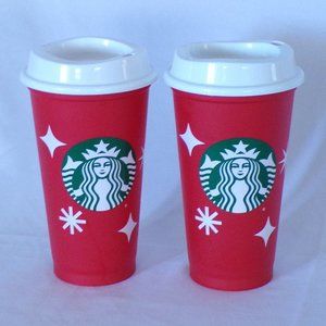( 2 ) STARBUCKS 16oz BRAND NEW RED HOLIDAY 2022 REUSABLE TRAVEL CUPS WITH LIDS